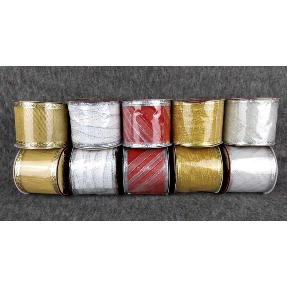 Golden Splendor Metallic Ribbon Wired 2.5" Craft Gift Wrap‎ Christmas Lot/10 NEW
